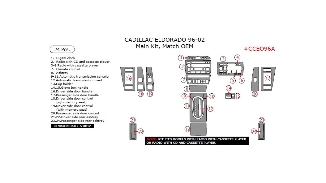Cadillac Eldorado 19962002, Main Interior Kit, 24 Pcs., Match OEM