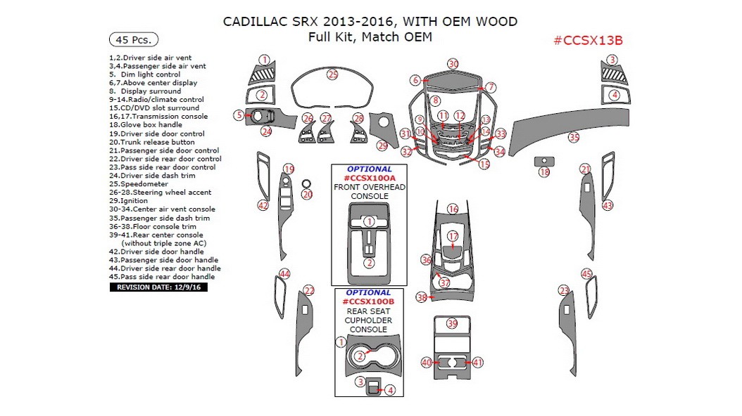 Cadillac SRX 20132016, Full Interior Kit (With OEM Wood), 45