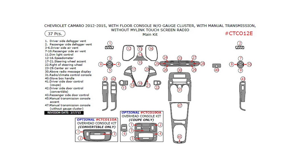 Chevrolet Camaro 2012-2015, With Floor Console Without Gauge Cluster, With Manual Transmission