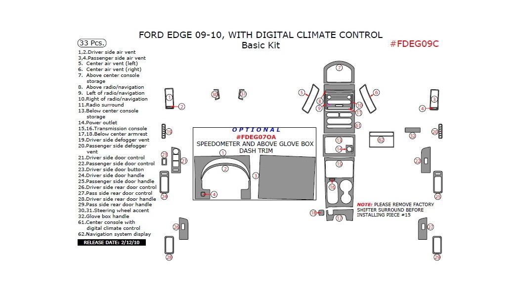 Ford Edge 20092010, With Digital Climate Control, Basic Interior Kit, 33 Pcs.