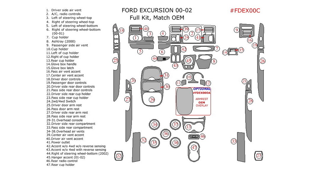 Ford Excursion 20002005, Full Interior Kit, 47 Pcs., Match OEM