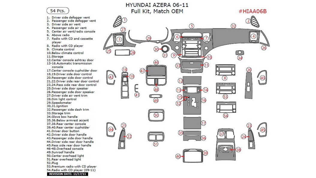 Hyundai Azera 20062011, Full Interior Kit, 54 Pcs., Match OEM