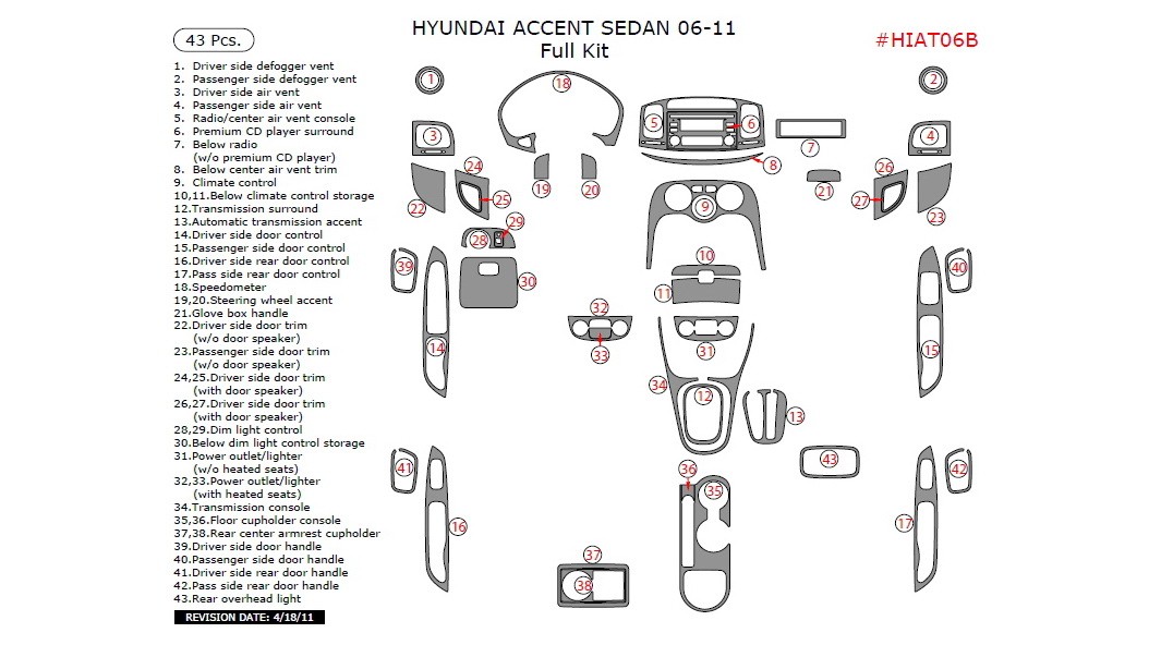 Hyundai Accent 20062011, Full Interior Kit (Sedan Only), 43 Pcs.
