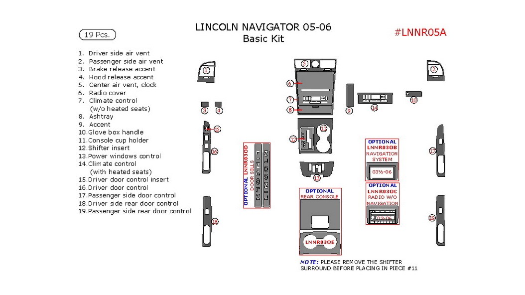 Lincoln Navigator 20052006, Basic Interior Kit, 19 Pcs.
