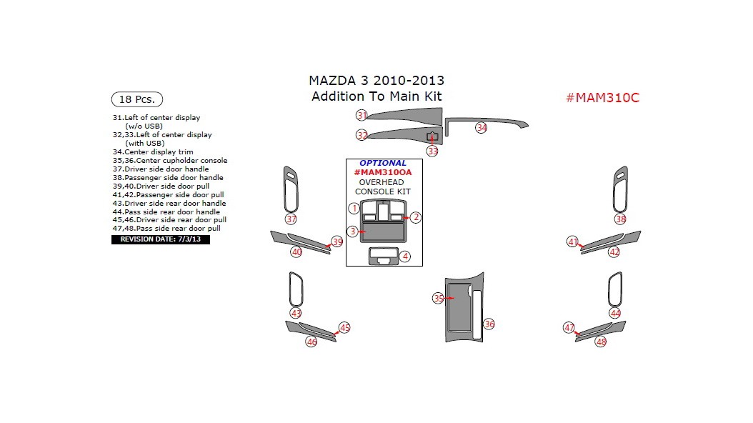 Mazda 3 20102013, Addition To Main Interior Kit, 18 Pcs.