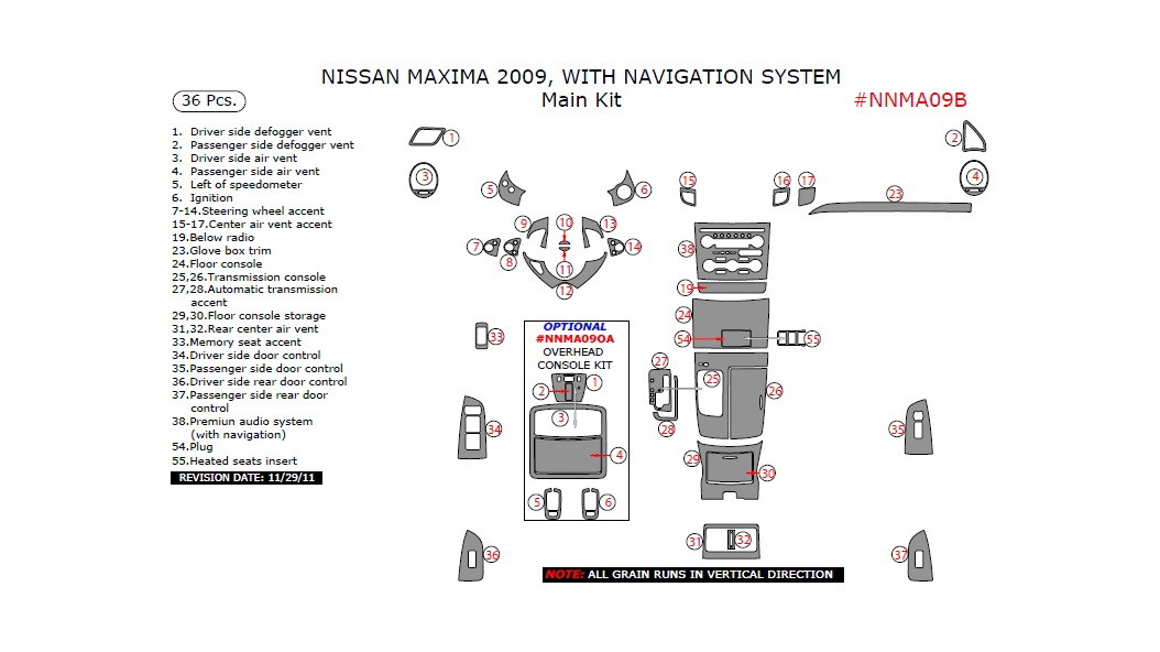 Nissan Maxima 2009, With Navigation System, Main Interior Kit, 36 Pcs.