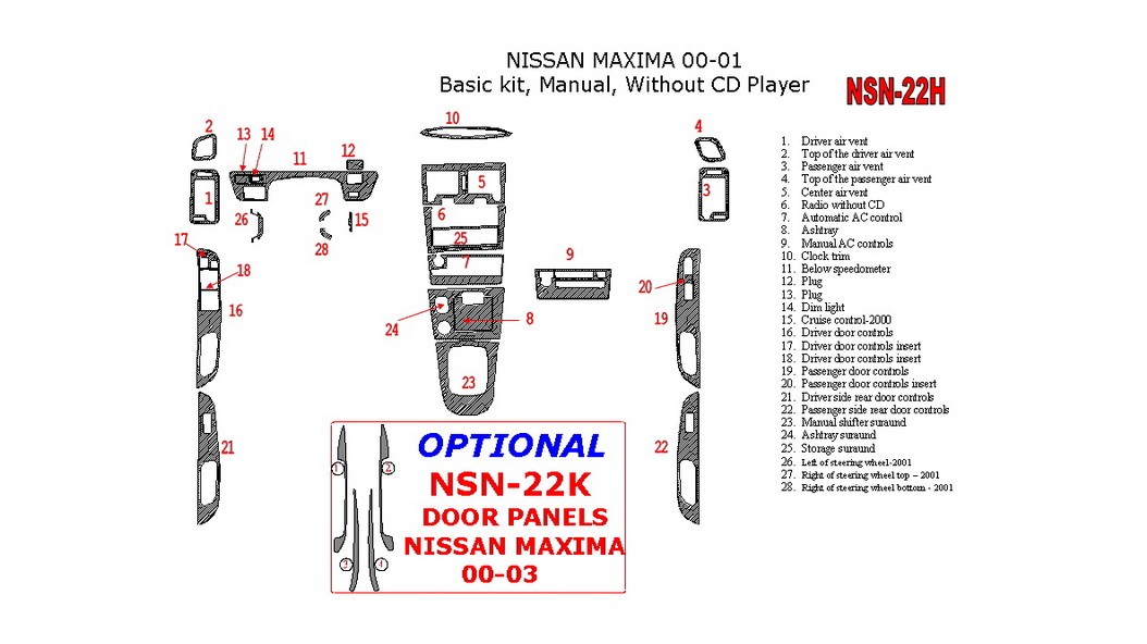 Nissan Maxima 2000-2001, Basic Interior Kit, Manual, Radio Without CD