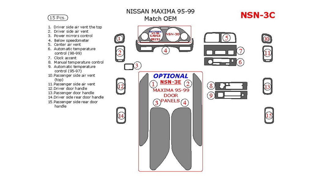 Nissan Maxima 19951999, Interior Dash Kit, Match OEM, 15 Pcs.