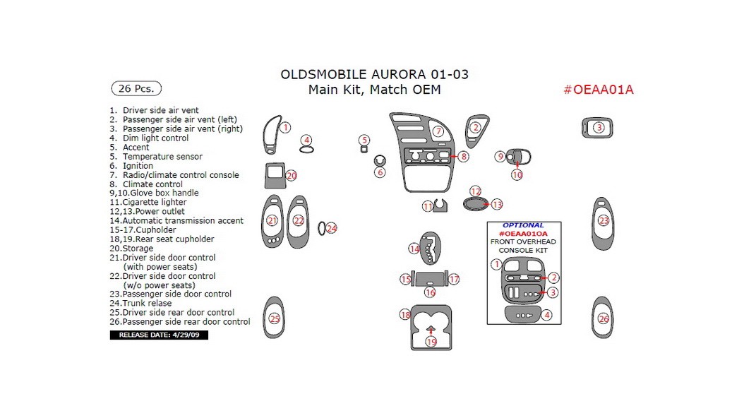 Oldsmobile Aurora 20012003, Main Interior Kit, 26 Pcs., Match OEM