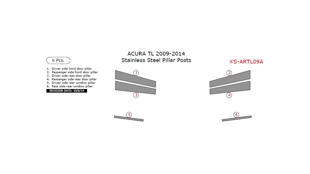 Acura TL 20092014, Stainless Steel Pillar Posts, 6 Pcs.