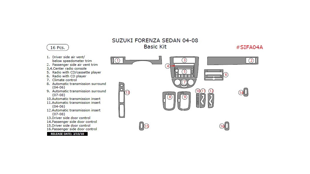 Suzuki Forenza 20042008, Basic Interior Kit (Sedan Only), 16 Pcs.