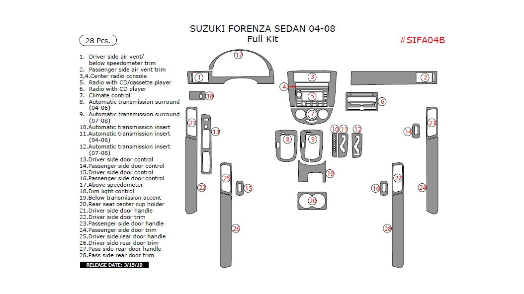 Suzuki Forenza 20042008, Full Interior Kit (Sedan Only), 28 Pcs.