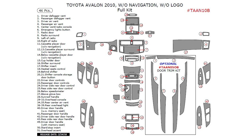 Display Assembly Avalon Color Code Toyota Avalon 2010, W/o Navigation, W/o Logo, Full Interior Kit, 46 Pcs.