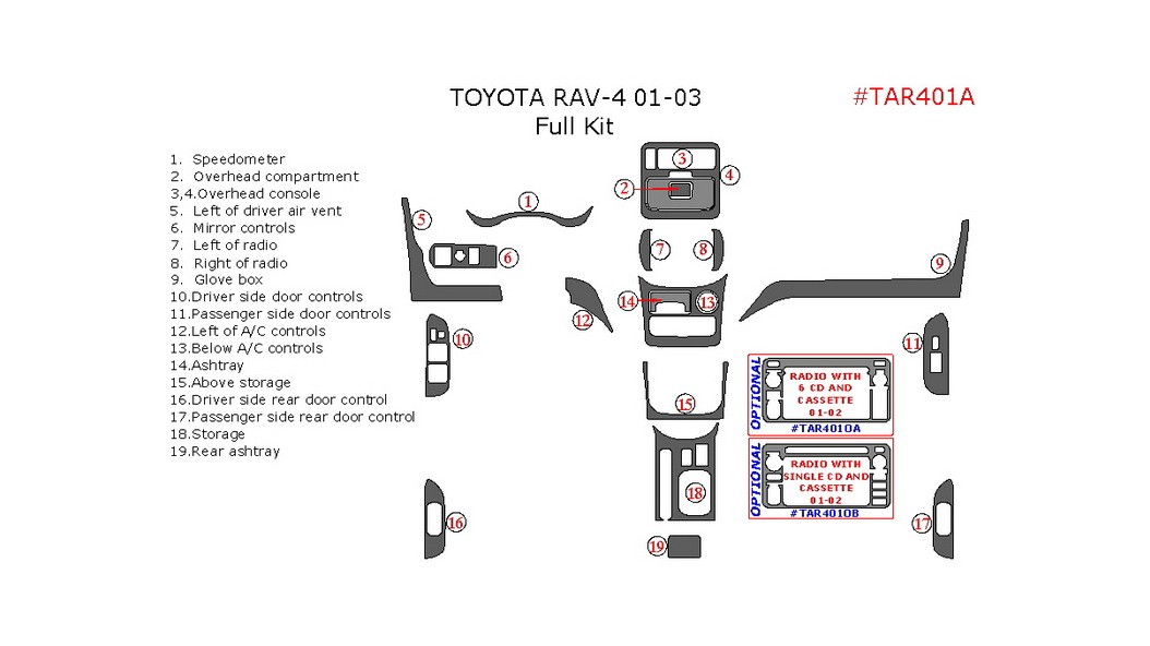 Toyota Rav4 2001-2003, Full Interior Kit, 19 Pcs.