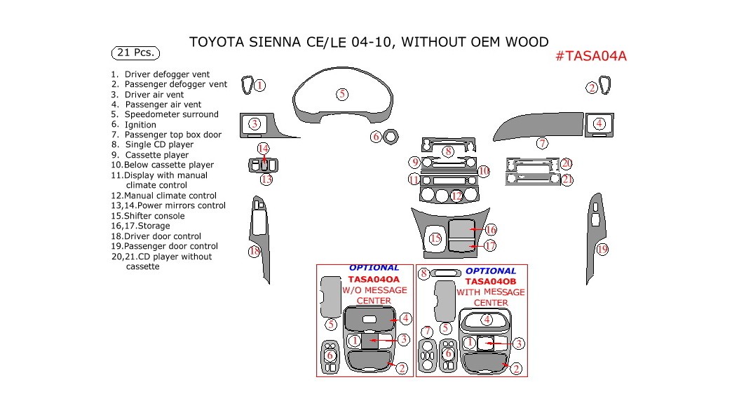 Toyota Sienna 2004-2010, Toyota Sienna CE/LE 04-10, Interior Dash Kit ...
