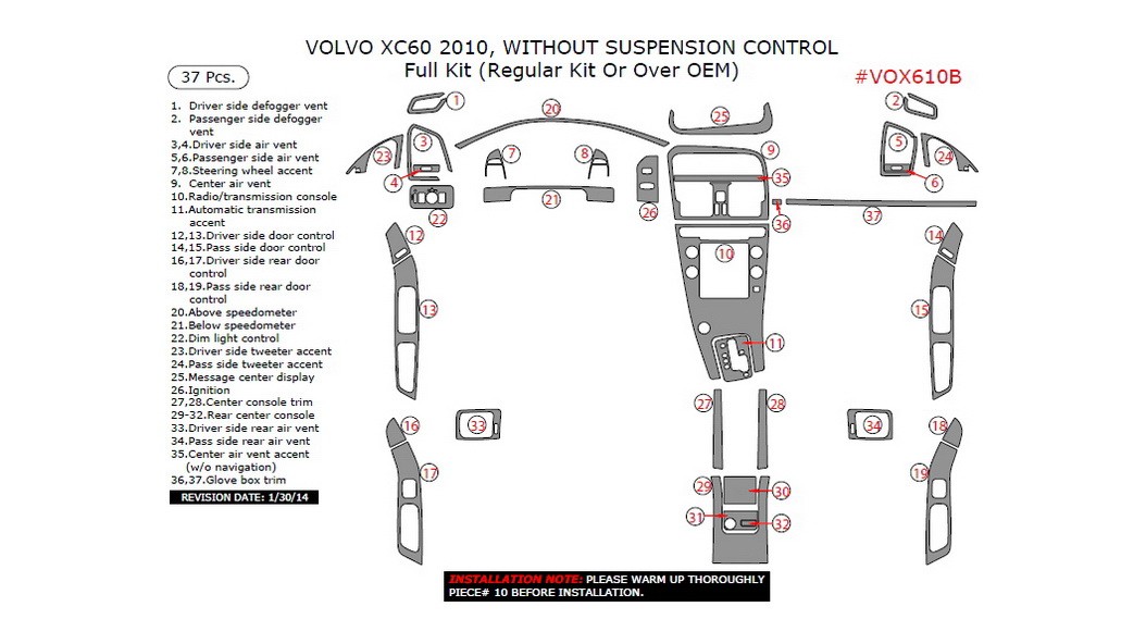 Volvo XC60 2010, Without Suspension Control, Full Interior Kit (Regular