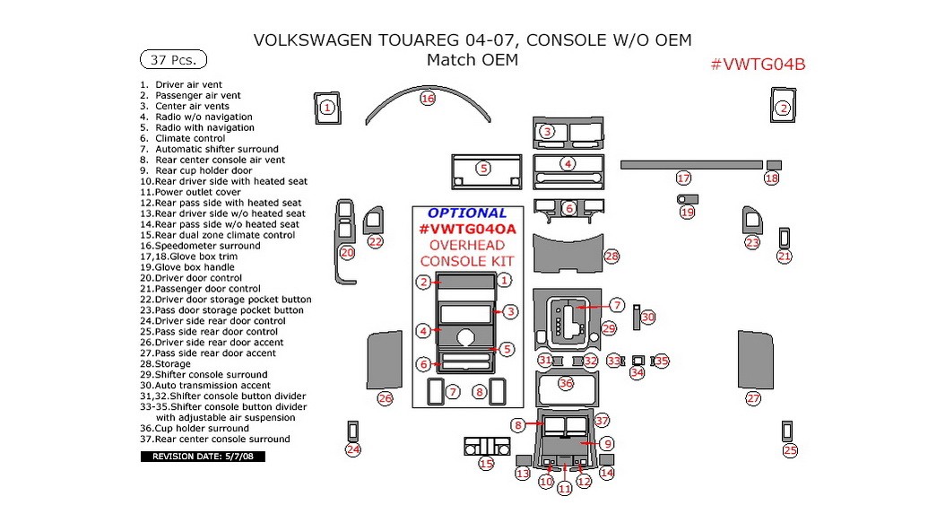Volkswagen Touareg 20042007, Interior Dash Kit, W/o Console With OEM