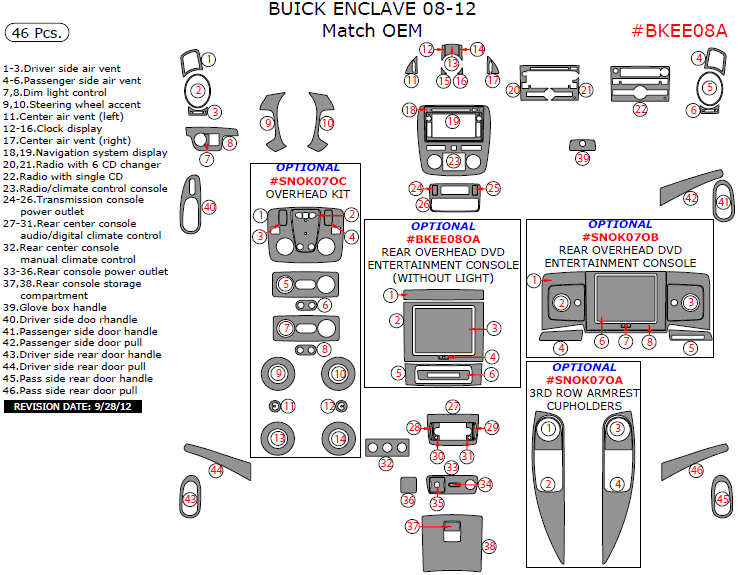 Buick Enclave 20082012, Interior Kit, 46 Pcs., Match OEM
