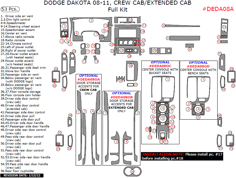 Dodge Dakota 20082011, Crew Cab/Extended Cab, Full Interior Kit, 53 Pcs.