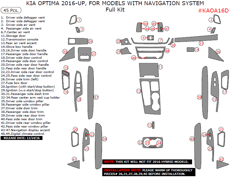 Kia Optima 2016-2020, For Models With Navigation System, Full Interior ...