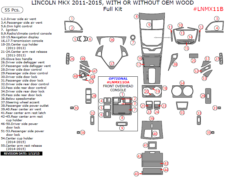 Lincoln MKX 20112015, With Or Without OEM Wood, Full Interior Kit, 55 Pcs.