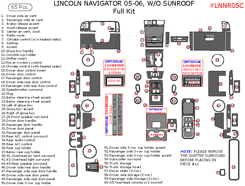 Lincoln Navigator 20052006, Full Interior Kit, W/o Sunroof, 65 Pcs.