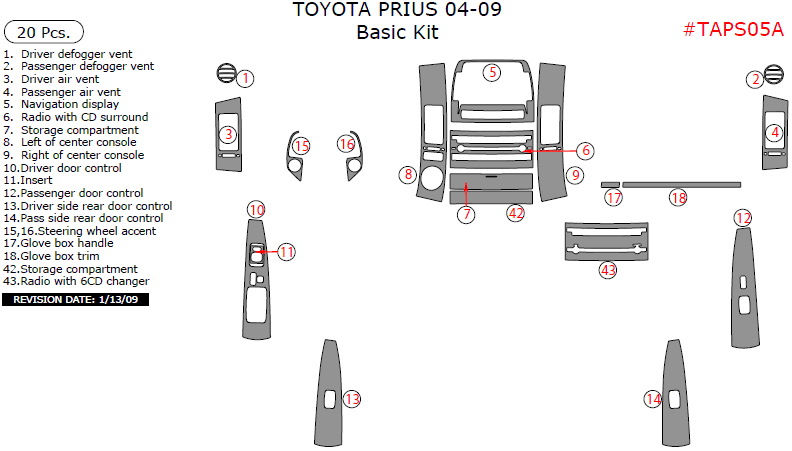 Toyota Prius 2004-2009, Basic Interior Kit, 20 Pcs.