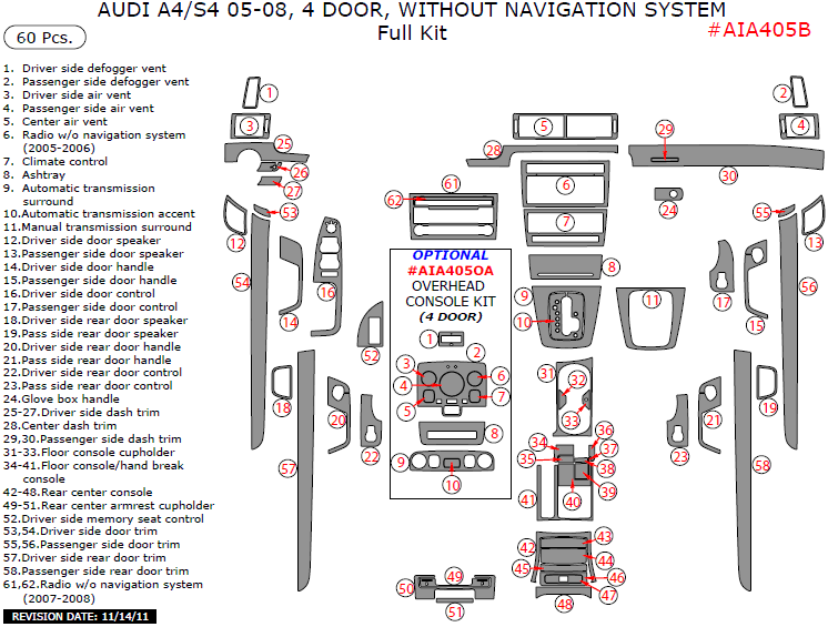 Audi A4 2005, 2006, 2007, 2008, 4 Door, Without Navigation System, Full Interior Kit, 60 Pcs. dash trim kits options