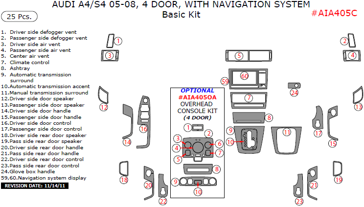 Audi A4 2005, 2006, 2007, 2008, 4 Door, With Navigation System, Basic Interior Kit, 25 Pcs. dash trim kits options