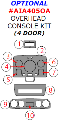 Audi A4 2005, 2006, 2007, 2008, Optional Overhead Console Interior Kit (4 Door Only), 10 Pcs. dash trim kits options