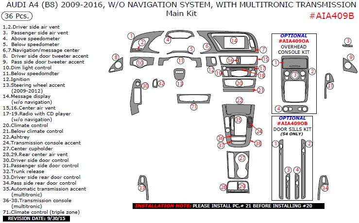 Audi A4 2009, 2010, 2011, 2012, 2013, 2014, 2015, 2016, Without Navigation System, With Multitronic Transmission, Main Interior Kit, 36 Pcs. dash trim kits options