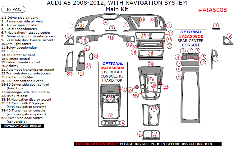 Audi A5 2008, 2009, 2010, 2011, 2012, With Navigation System, Main Interior Kit, 36 Pcs. dash trim kits options