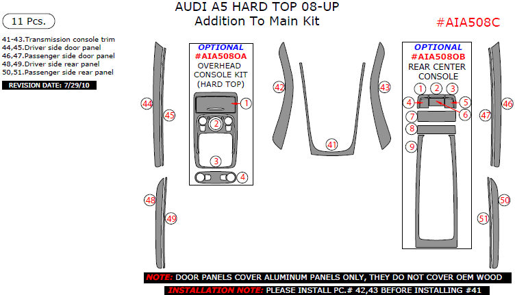 Audi A5 2008, 2009, 2010, 2011, 2012, 2013, 2014, 2015, Addition To Main Interior Kit (Hard Top Only), 11 Pcs. dash trim kits options