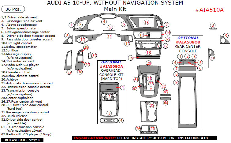 Audi A5 2010, 2011, 2012, 2013, 2014, 2015, Without Navigation System, Main Interior Kit, 36 Pcs. dash trim kits options