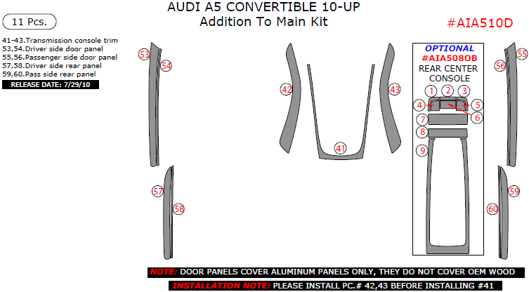 Audi A5 2010, 2011, 2012, 2013, 2014, 2015, Addition To Main Interior Kit (Convertible Only), 11 Pcs. dash trim kits options