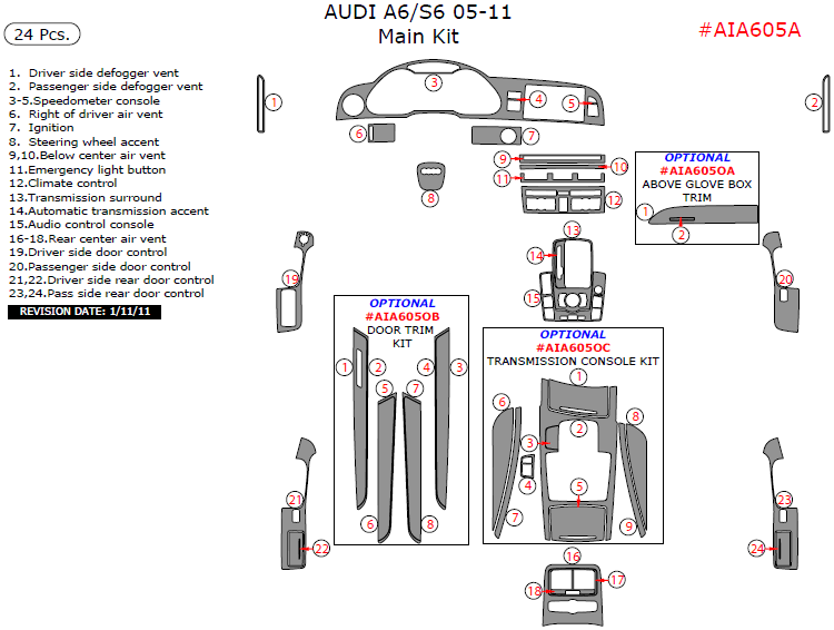 Audi A6 2005, 2006, 2007, 2008, 2009, 2010, 2011, Main Interior Kit, 24 Pcs. dash trim kits options