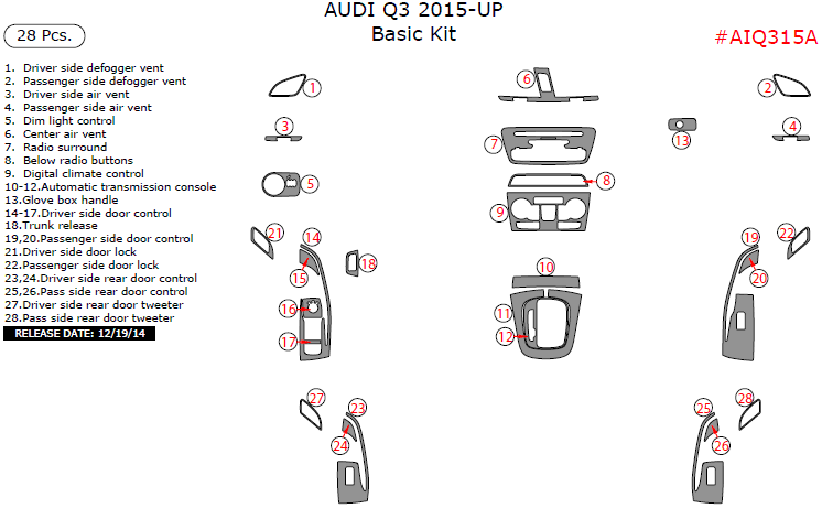 Audi Q3 2015, 2016, 2017, 2018, Basic Interior Kit, 28 Pcs. dash trim kits options