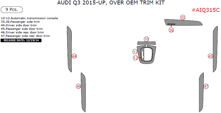 Audi Q3 2015, 2016, 2017, 2018, Over OEM Interior Kit, 9 Pcs. dash trim kits options