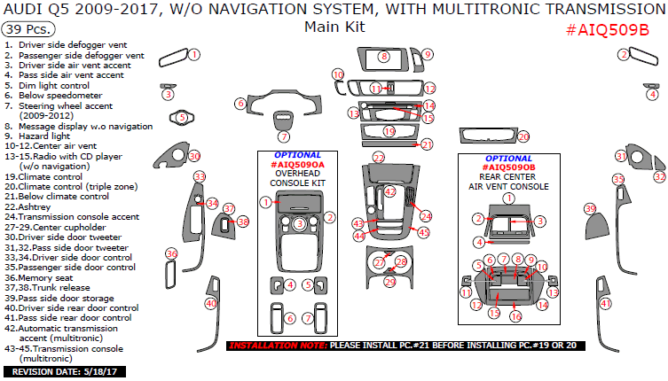 Audi Q5 2009, 2010, 2011, 2012, 2013, 2014, 2015, 2016, 2017, Without Navigation System, With Multitronic Transmission, Main Interior Kit, 39 Pcs. dash trim kits options