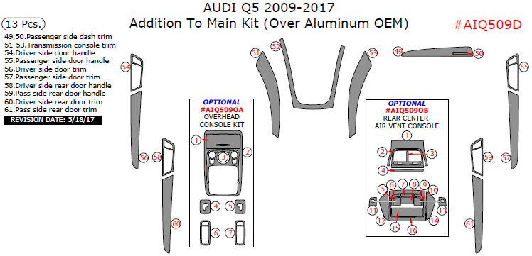 Audi Q5 2009, 2010, 2011, 2012, 2013, 2014, 2015, 2016, 2017, Addition To Main Interior Kit (Over Aluminum OEM), 13 Pcs. dash trim kits options