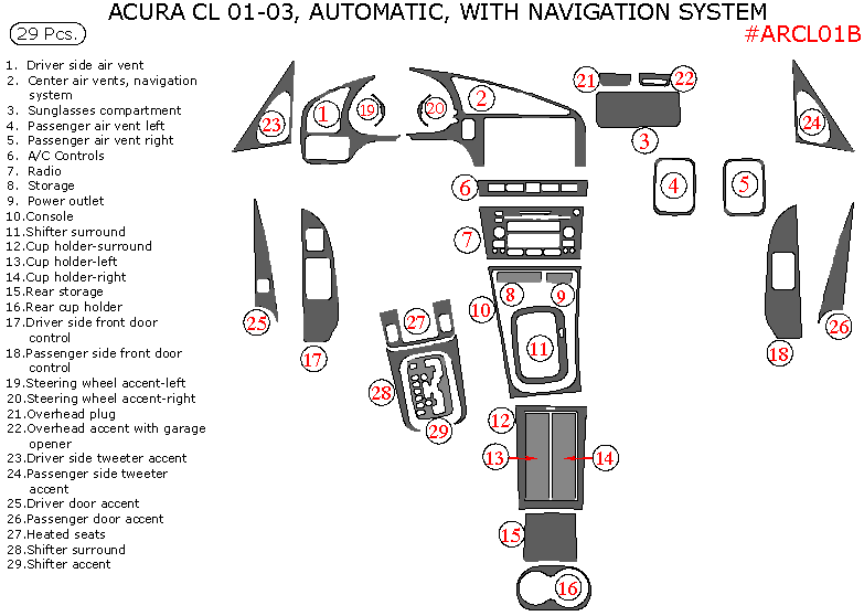 Acura CL 2001, 2002, 2003, Interior Kit, Automatic, With Navigation, 29 Pcs., OEM Match. dash trim kits options