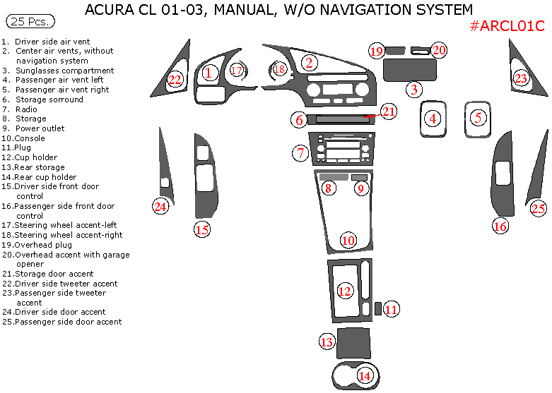 Acura CL 2001, 2002, 2003, Interior Kit, Manual, Without Navigation, 25 Pcs., OEM Match dash trim kits options