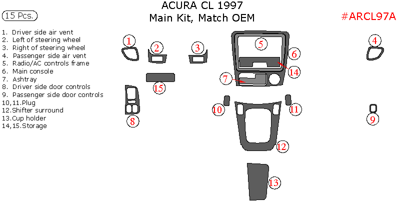 Acura CL 1997, Main Interior Kit, 15 Pcs., Match OEM dash trim kits options