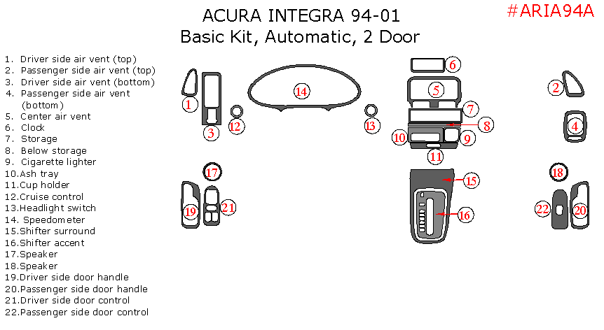 Acura Integra 1994, 1995, 1996, 1997, 1998, 1999, 2000, 2001, 2 Door, Basic Interior Kit, Automatic 22 Pcs. dash trim kits options