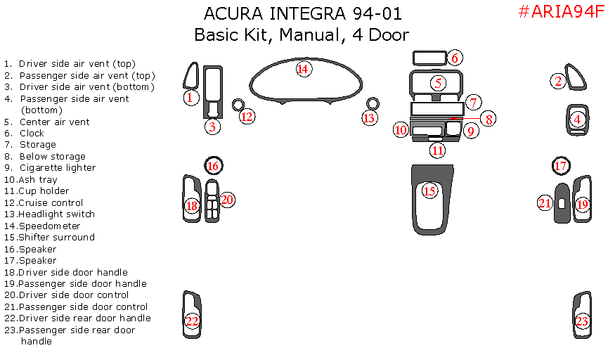 Acura Integra 1994, 1995, 1996, 1997, 1998, 1999, 2000, 2001, 4 Door, Basic Interior Kit, Manual 23 Pcs. dash trim kits options
