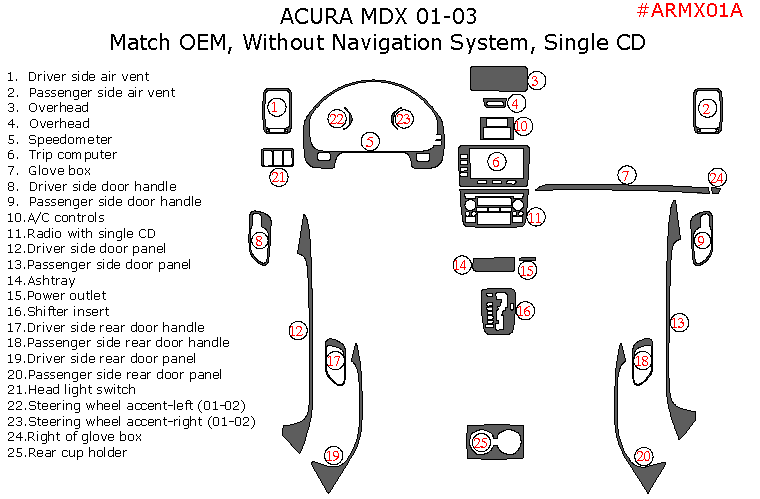 Acura MDX 2001, 2002, 2003, Interior Dash Kit, Without Navigation System, Single CD, 25 Pcs., OEM Match. dash trim kits options
