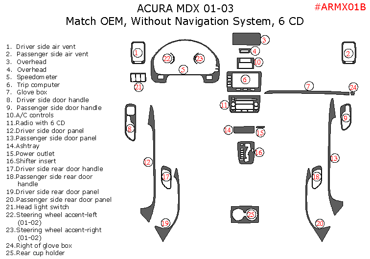 Acura MDX 2001, 2002, 2003, Interior Dash Kit, Without Navigation System, 6 CD Changer, 25 Pcs., OEM Match. dash trim kits options