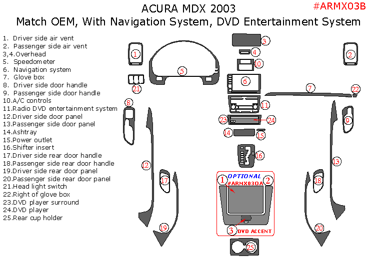 Acura MDX 2001, 2002, 2003, Interior Dash Kit, With Navigation System, Interior Dash Kit, With DVD Entertainment System, 25 Pcs., OEM Match. dash trim kits options