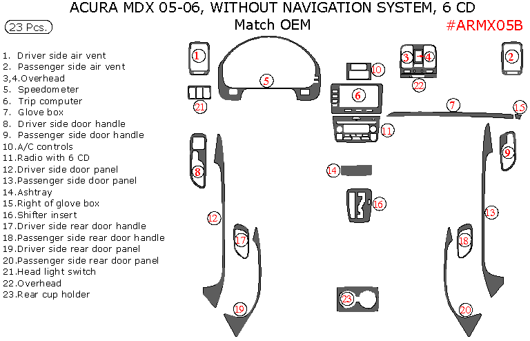 Acura MDX 2005-2006, Interior Dash Kit, Without Navigation System, 6 CD Changer, 23 Pcs., OEM Match. dash trim kits options