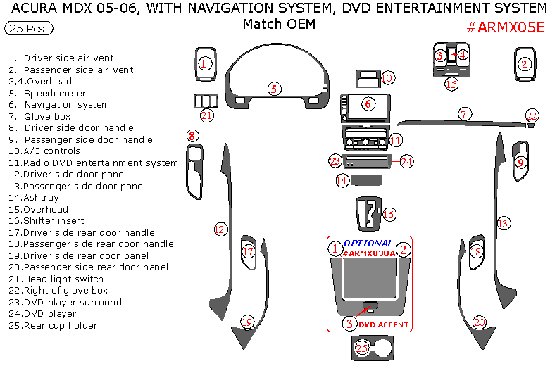 Acura MDX 2005-2006, Interior Kit, With Navigation System, With DVD Entertainment System, 25 Pcs., OEM Match dash trim kits options
